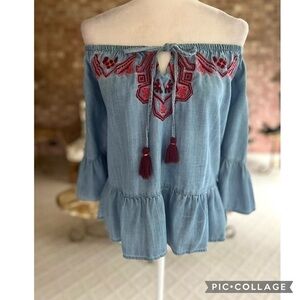 Blue Rain Off Shoulder Top Blue Chambray Hi Low Hem M Boho Chic Festival
